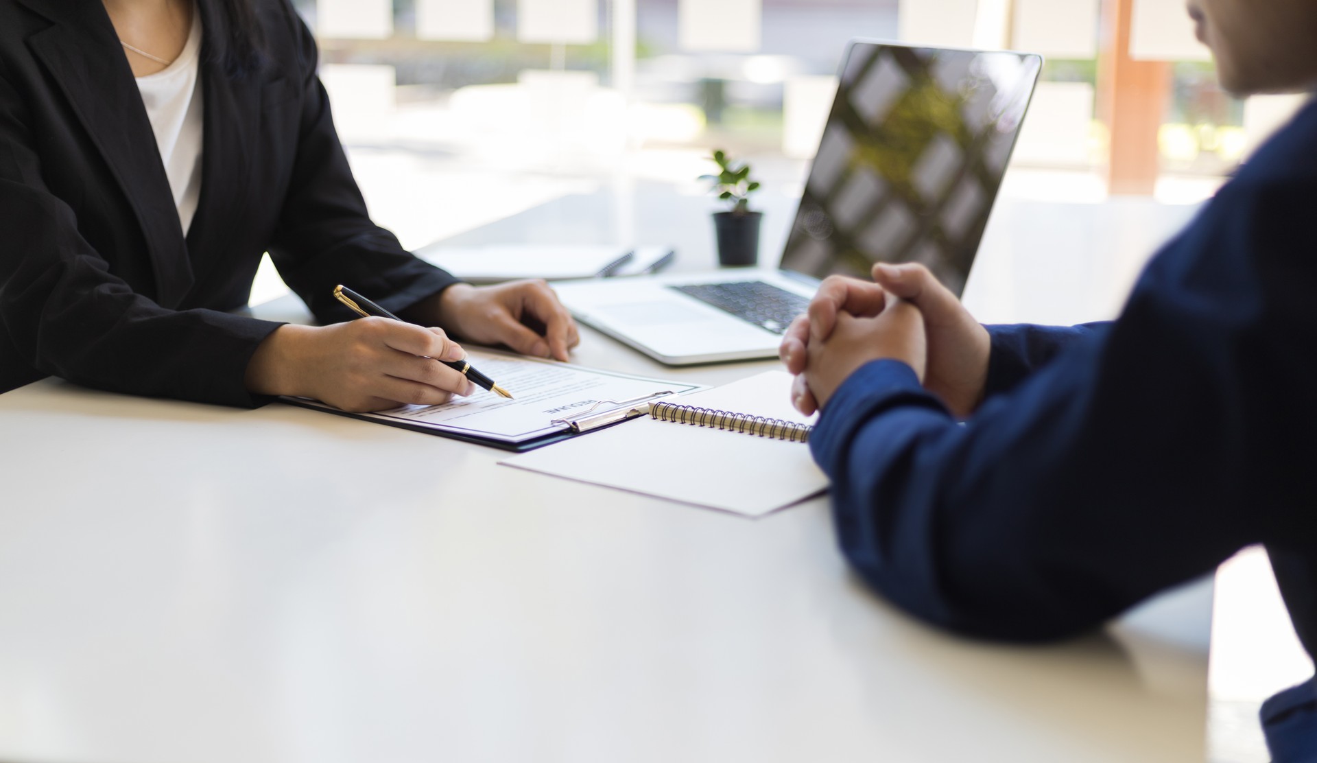 The manager is reading the resume and is interviewing the new employee. Negotiating business and signing a contract. Lawyer and legal advisor.